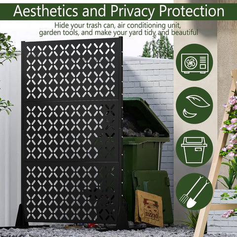 72 Inch Metal Outdoor Privacy Screen Panel Freestanding Decorative Fence For Patio Garden And Yard Trash Can Screen X Black Weather Resistant Powder Coated Durable Steel Construction Keeps Your Space Private And Organized showing a sleek design beside garden tools and a trash can.
