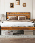 Heavy Duty Full Size Bed Frame With Headboard And Footboard, Rock Solid Steel Wood Hybrid Build, Classic Retro Brown.