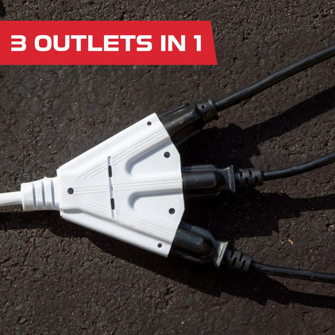 100 Foot White Outdoor Extension Cord With 3 Outlets, Beefy Heavy Duty All Weather 16/3 SJTW Power Cable, Grounded 3 Prong close-up