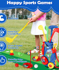 A child playing with Toddler Golf Set With Easy Carry Cart, 4 clubs, 8 balls, flags, holes, and mat on grass.