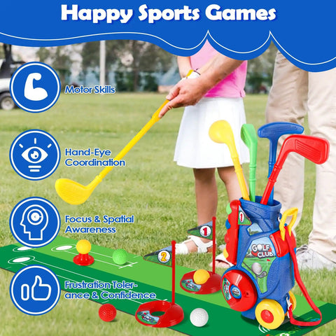 A child playing with Toddler Golf Set With Easy Carry Cart, 4 clubs, 8 balls, flags, holes, and mat on grass.