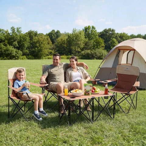 Family seated outdoors on Heavy Duty Camping Chair Set Of Four With Table For Adults Outdoor Folding Lawn Chairs Includes One Sofa Chair And Two Single Chairs Portable Collapsible Outdoor Furniture For Travel Picnics And Sports.