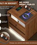 Sleek Nightstand Set Of Two Killer Bedside Table With Built In Charging Station LED Mood Light And Dead Simple Lockable Drawer showing charging ports and wireless charger.