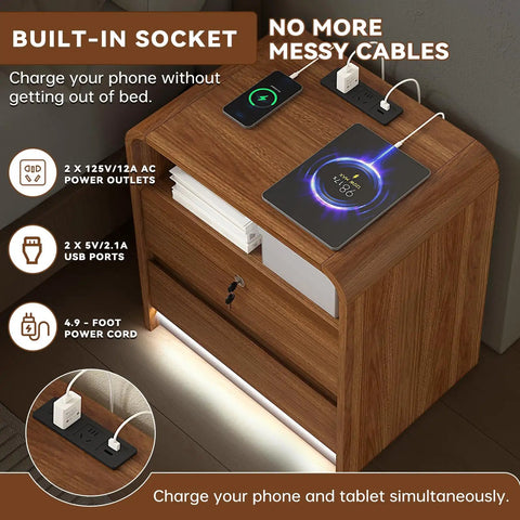 Sleek Nightstand Set Of Two Killer Bedside Table With Built In Charging Station LED Mood Light And Dead Simple Lockable Drawer showing charging ports and wireless charger.