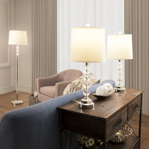 Three Piece Table And Floor Lamp Set With Faceted Crystal Orbs, Includes Three LED Bulbs, Modern Chrome Finish, Drum Shades