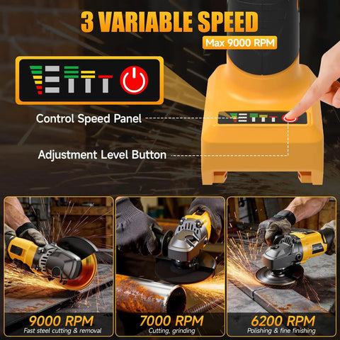 Control panel of Hardcore Cordless Angle Grinder 4 Inch Smooth Operator showing three speed settings for precision use.