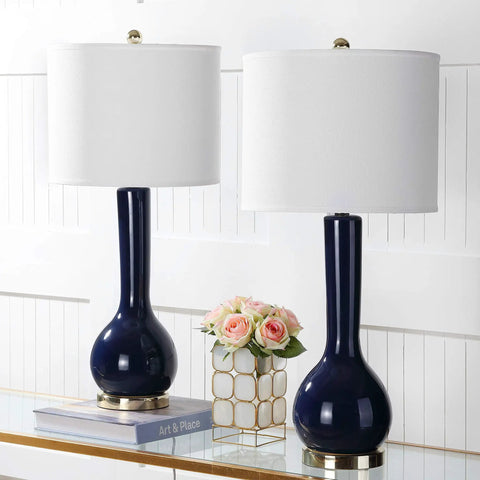 Long Neck Navy Ceramic Table Lamps Set Of 2, Modern Contemporary 31 Inch With White Cotton Shade, LED Bulbs Included