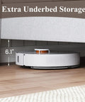 Extra underbed storage space visible with Built Different Full Size Bed Frame With Soft Linen Headboard And USB Charging Ports.