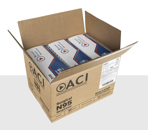 Open box showing packaged blue box of N95 Duckbill Respirator Mask With Pouched Design For All Day Breathable Comfort Flexible Nosepiece And Headloops For A Secure Fit Blue Box Of 50 NIOSH Approved Made In USA