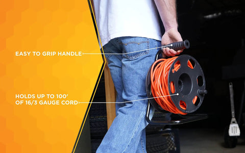 Person holding Heavy Duty Metal Extension Cord Reel Stand For 100 Ft 14 3 Cords with rugged black base and smooth handle.