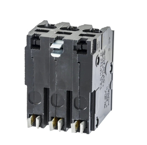 QO 100 Amp Three Pole Circuit Breaker for 240 Volt Panels with Plug On Design, black, front view showing connection terminals.