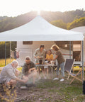 10x10 Ft Pop Up Canopy Tent For Camping Parties And Outdoor Events Easy Up Instant Shelter with people and RV in background