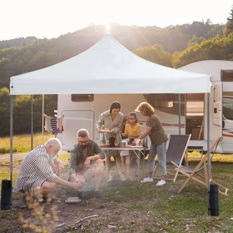 10x10 Ft Pop Up Canopy Tent For Camping Parties And Outdoor Events Easy Up Instant Shelter with people and RV in background