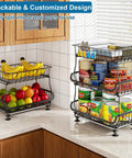 Three Tier Rolling Pantry Cart With Wheels, Stackable Wire Baskets For Pantry Shelves, storing fruits and canned goods on countertop