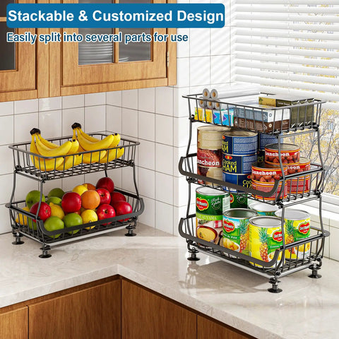 Three Tier Rolling Pantry Cart With Wheels, Stackable Wire Baskets For Pantry Shelves, storing fruits and canned goods on countertop