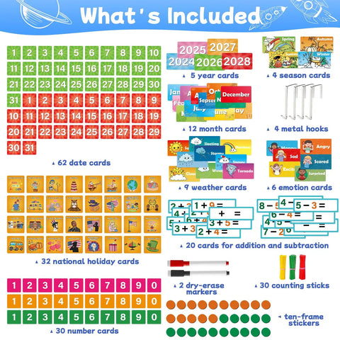 Circle Time Calendar Pocket Chart For Classroom With Weather Seasons Emotions And Math Activities set contents overview