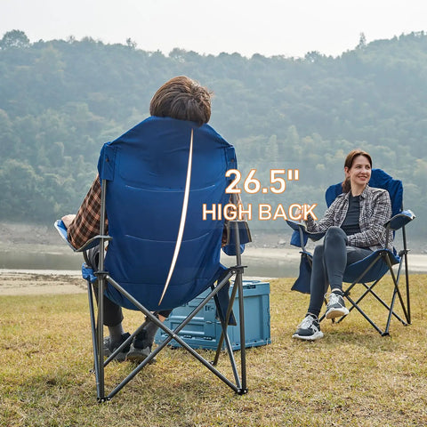 Two Pack Oversized Folding Camping Chair Set With High Back Padded Comfort Grab And Go Style Lightweight Steel Frame Portable Lawn Chairs For Outdoor Use Easy Fold Sturdy And Durable For Adults Grey, shown with two people seated by a lake.