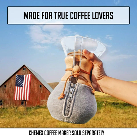 Cozy Insulated Lid and Sleeve for 6 Cup Pour Over Coffee Makers with Collar and Handle held outdoors near barn.