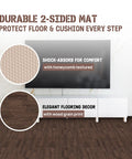 Image showing durable 2-sided mat with wood grain print and honeycomb texture for shock absorption in a home setting.