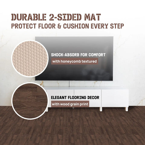 Image showing durable 2-sided mat with wood grain print and honeycomb texture for shock absorption in a home setting.