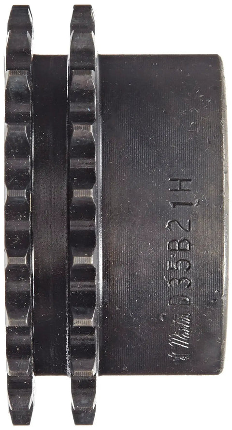 Side view of Roller Chain Sprocket For 35 Chain Size With Double Strand Type B Hub 0.375 Inch Pitch 21 Teeth 0.75 Inch Bore.