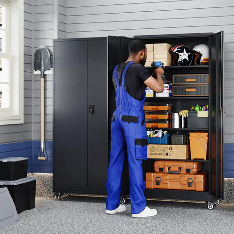 Worker organizing tools in Beefy 75 Inch Rolling Metal Garage Storage Cabinet With Locking Doors And Adjustable Shelves Heavy Duty Steel Tool Cabinet
