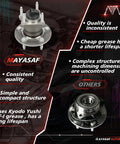 Rear Wheel Hub Bearing Assembly For Chevy Malibu 2004 To 2012 Cobalt 2008 To 2010 HHR 2008 To 2010 Classic 2004 To 2005 Pontiac G6 2005 To 2010 Saturn Aura 2007 To 2009 Five Lug One Piece Replacement Direct Fit shown with comparison chart illustrating features like consistent quality and use of Kyodo Yushi AF-1 grease.