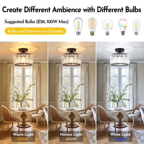 Semi Flush Mount Crystal Ceiling Light Fixture With Black Metal Cage, Farmhouse Chandelier Vibe, showing color variations