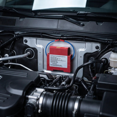 Two Piece Auto Fire Extinguisher Stickers With Heat Sensitive Aerosol Tech That Kick In Under The Hood For Smooth Engine Bay Protection And Reliable Passive Emergency Safety Gear No Power Needed mounted under car hood.