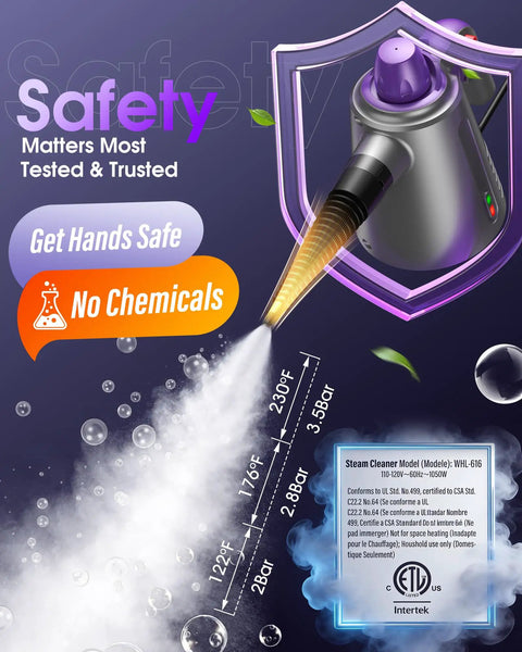 Upgrade Your Cleaning Game With This Handheld Steam Cleaner For Home, showing safety features and steam output.