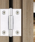 Close-up of Twenty Pack Heavy Duty Stainless Steel Folding Butt Hinges 2 Inch mounted on wood, showcasing flush fit and robust design.