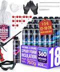 Complete Spray Foam Insulation Kit With Eighteen Cans Of Expanding Foam Sealant And A Heavy Duty Spray Gun for sealing cracks and home projects.