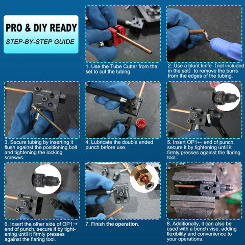 GEAROLL brake line flaring tool kit for 3/16 and 1/4 SAE lines, shown in an 8-panel collage with blue-gloved hands