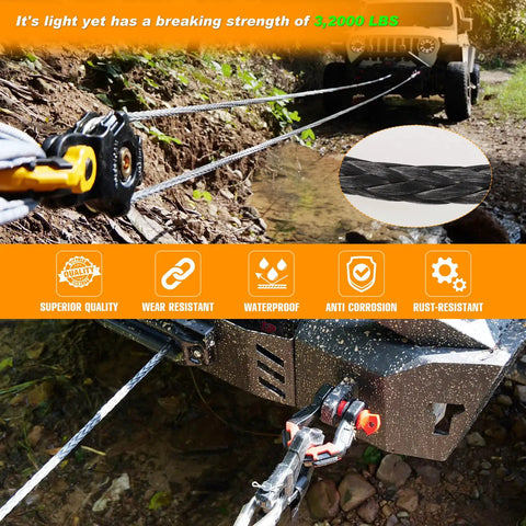 One Half Inch 100 Foot Synthetic Winch Rope Kit With Protective Sleeve attached to off-road SUV, towing in forest.