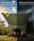 17x10 Ft Heavy Duty Camping Tarp Rain Fly With PU6000mm Waterproof Coating, UV protection over two people seated outdoors