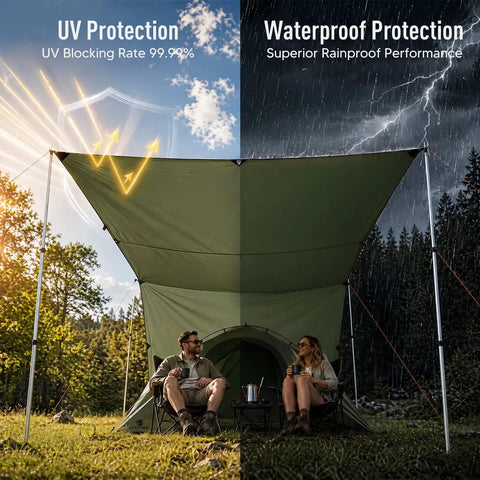 17x10 Ft Heavy Duty Camping Tarp Rain Fly With PU6000mm Waterproof Coating, UV protection over two people seated outdoors