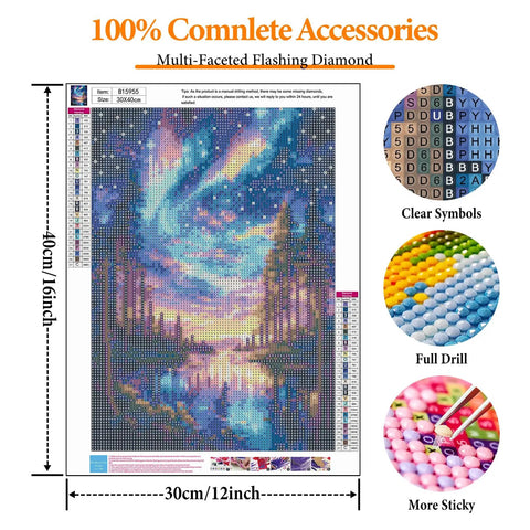 Starry Sky 5D Diamond Art Kit For Adults, Dope Aurora Lake Diamond Painting Set For Beginners, Full Drill Gem Art, 12 x 16 Inch