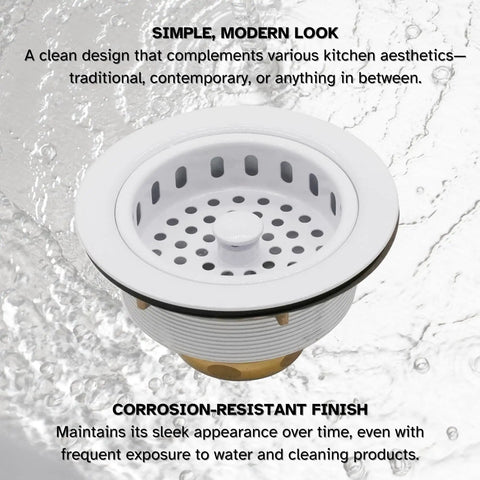 Big Post Style Brass Kitchen Sink Basket Strainer With White Powder Coat Finish, shown against a water background