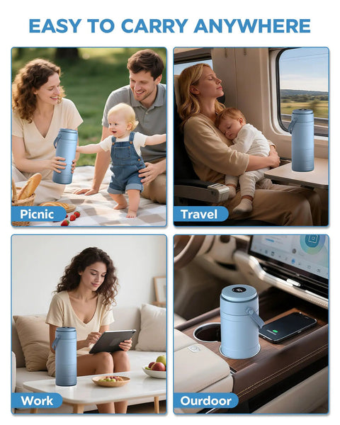 Portable Breast Milk Cooler Bottle With Digital Temp Display keeps nursing bottles fresh for twenty four hours using swift chill cooling tech no sweat design blue used outdoors.