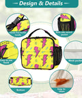 Lightning Bolt Insulated Lunch Bag Yellow Portable Cooler With Shoulder Straps For Office Travel School And Everyday Meals All Day Durable Polyester Large Main Compartment Plus Side Mesh Pockets Keeps Meals Fresh, front view