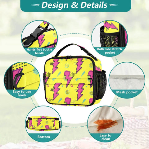 Lightning Bolt Insulated Lunch Bag Yellow Portable Cooler With Shoulder Straps For Office Travel School And Everyday Meals All Day Durable Polyester Large Main Compartment Plus Side Mesh Pockets Keeps Meals Fresh, front view