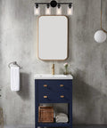 Bathroom view with 4-Light Modern Black Bathroom Vanity Light With Clear Glass Shades over a mirror and blue vanity, 24 inch fixture.