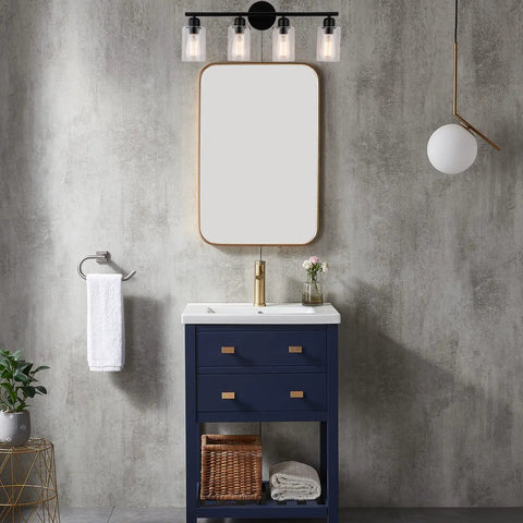 Bathroom view with 4-Light Modern Black Bathroom Vanity Light With Clear Glass Shades over a mirror and blue vanity, 24 inch fixture.