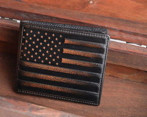 USA Flag Bifold Wallet For Men With RFID Blocking Full Grain Leather Hand Burnished Design on wooden surface
