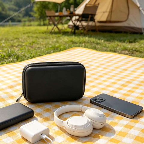 Hassle Free Waterproof Cable Organizer Pouch With Plush Velvet Interior Keeps Your Gear Secure And Scratch Free on picnic blanket with phone