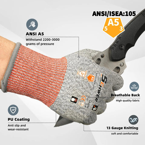 Close-up of hand wearing 12 Pairs ANSI A5 Cut Resistant Work Gloves With PU Coating For Metal Fabrication, holding a knife
