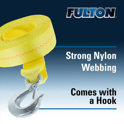 Built Tough Heavy Duty Trailer Winch Strap With Hook 2 Inch By 20 Foot Nylon Webbing For Secure Towing And Trailering 4000 Lb Working Load Limit Durable Steel Hook shown rolled with steel hook