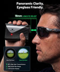 Golvia Ultra Range Finder with Optical Image Stabilization held by a golfer, showcasing eyeglass-friendly design and long eye relief.