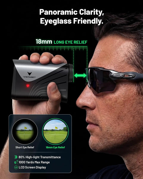 Golvia Ultra Range Finder with Optical Image Stabilization held by a golfer, showcasing eyeglass-friendly design and long eye relief.
