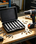 Get The Ultimate Titanium Screw Extractor Kit With Six Pieces For Easy Removal Of Stripped Rusty Bolts And Damaged Screws Made From HSS 4341 Steel For Heavy Duty Home Repairs That Just Work Like Magic On All Your Broken Hardware Projects on workbench with drill
